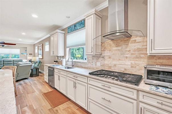 Interior, Kitchen, Living room, Recessed Lighting, Stainless Steel Appliances, Wood Texture Flooring