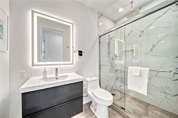 Bathroom, Glass Shower, Interior, Marble Walls, Recessed Lighting