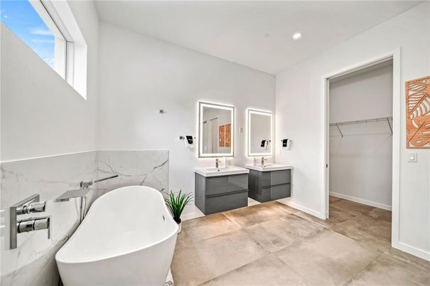Bathroom, Dual Sink Vanities, Free Standing Baths, Interior, Marble Walls, Recessed Lighting