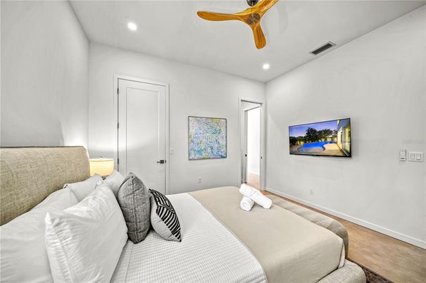 Bedroom, Interior, Recessed Lighting, Wood Texture Flooring