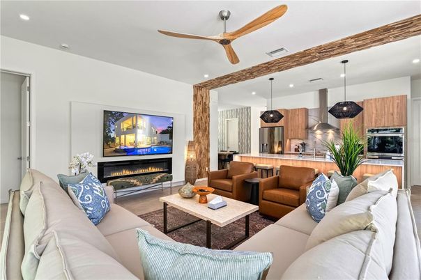 Fireplace, Interior, Kitchen, Living room, Pendant Lights, Recessed Lighting, Stainless Steel Appliances