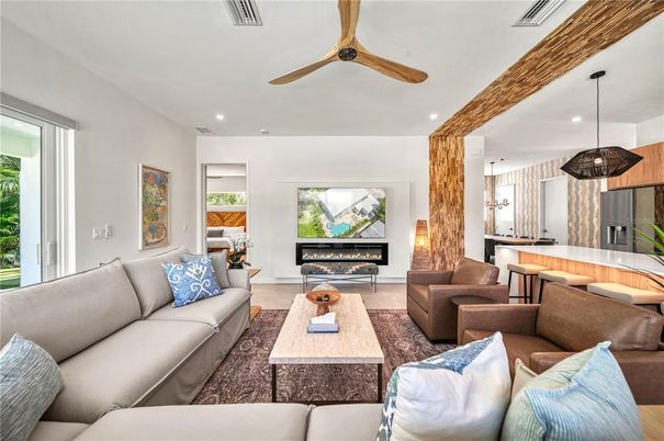 Fireplace, Interior, Kitchen, Living room, Pendant Lights, Recessed Lighting, Wood Texture Flooring