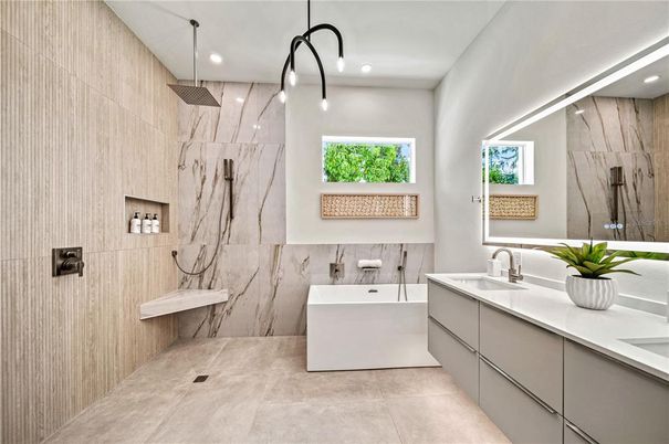 Bathroom, Dual Sink Vanities, Interior, Marble Walls, Recessed Lighting