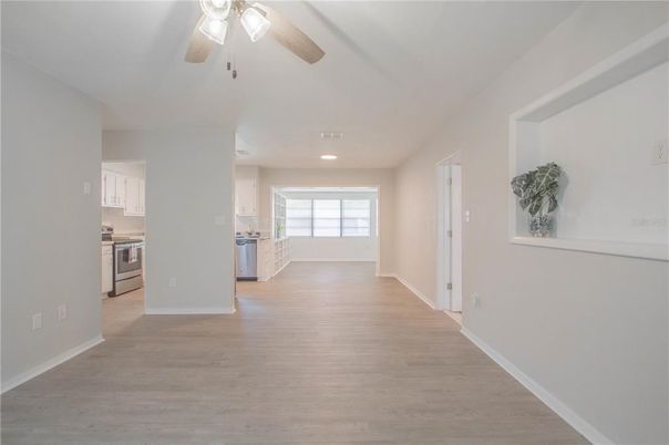Empty room, Interior, Kitchen, Recessed Lighting, Wood Texture Flooring