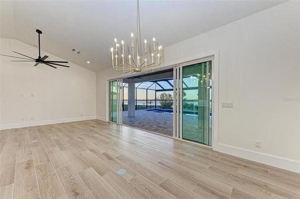 Empty room, Interior, Pendant Lights, Recessed Lighting, Wood Texture Flooring