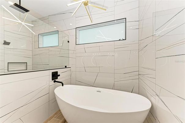 Bathroom, Free Standing Baths, Glass Shower, Interior, Marble Walls, Recessed Lighting