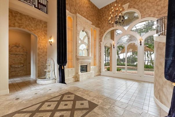 Chandelier, Fireplace, Interior