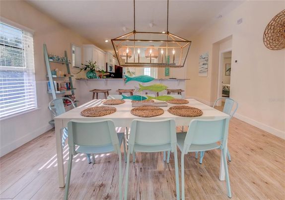 Dining room, Interior, Pendant Lights, Recessed Lighting, Wood Texture Flooring
