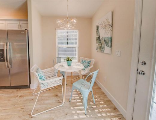 Dining room, Interior, Kitchen, Pendant Lights, Stainless Steel Appliances, Wood Texture Flooring