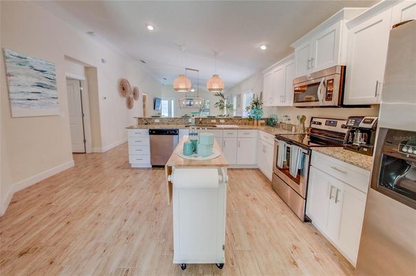 Interior, Kitchen, Pendant Lights, Recessed Lighting, Wood Texture Flooring