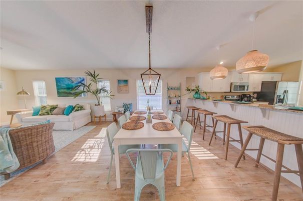 Dining room, Interior, Kitchen, Living room, Pendant Lights, Stainless Steel Appliances, Wood Texture Flooring