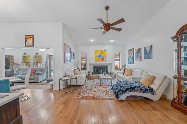 Fireplace, Interior, Living room, Recessed Lighting, Wood Texture Flooring