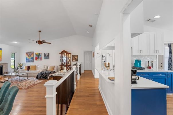 Fireplace, Interior, Kitchen, Living room, Recessed Lighting, Wood Texture Flooring