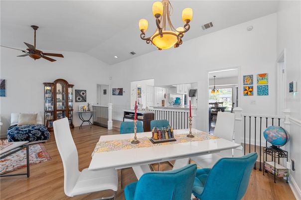 Chandelier, Dining room, Interior, Kitchen, Recessed Lighting, Wood Texture Flooring