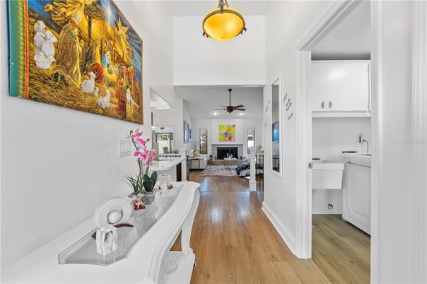 Dining room, Fireplace, Interior, Living room, Pendant Lights, Wood Texture Flooring