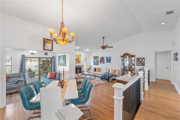 Chandelier, Fireplace, Interior, Living room, Recessed Lighting, Wood Texture Flooring