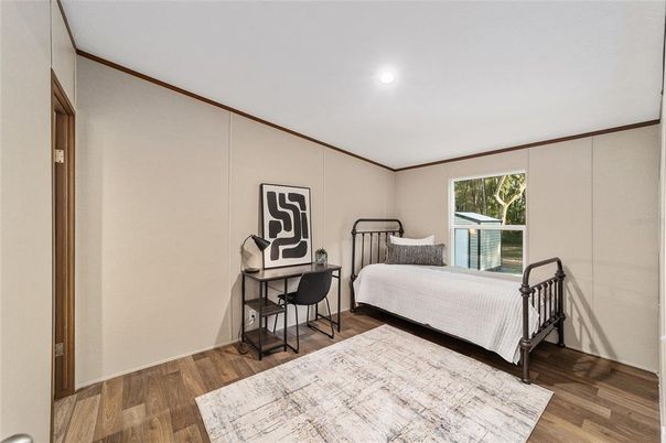 Bedroom, Interior, Recessed Lighting, Wood Texture Flooring