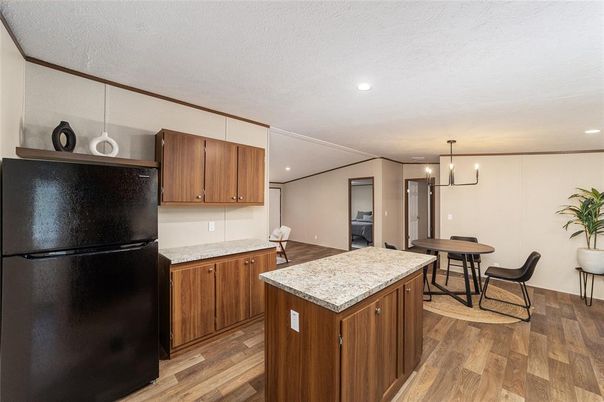 Dining room, Interior, Kitchen, Pendant Lights, Recessed Lighting, Wood Texture Flooring