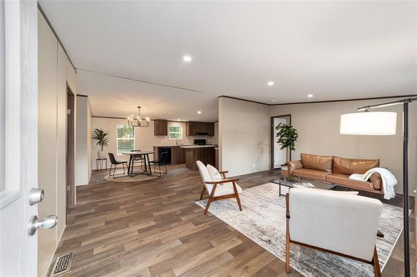 Chandelier, Dining room, Interior, Kitchen, Living room, Pendant Lights, Recessed Lighting, Stainless Steel Appliances, Wood Texture Flooring