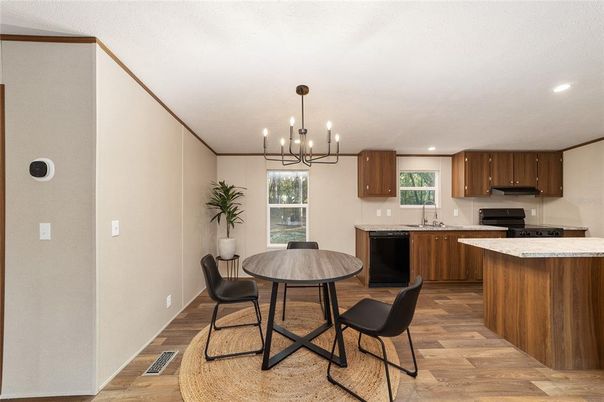 Dining room, Interior, Kitchen, Pendant Lights, Recessed Lighting, Wood Texture Flooring
