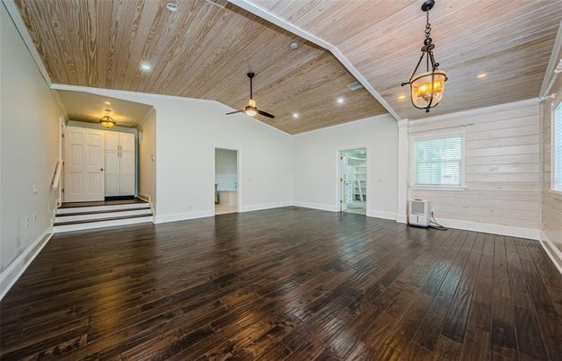 Empty room, Interior, Pendant Lights, Recessed Lighting, Wooden Ceilings, Wood Texture Flooring