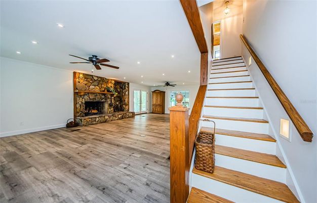 Empty room, Fireplace, Interior, Recessed Lighting, Wood Texture Flooring