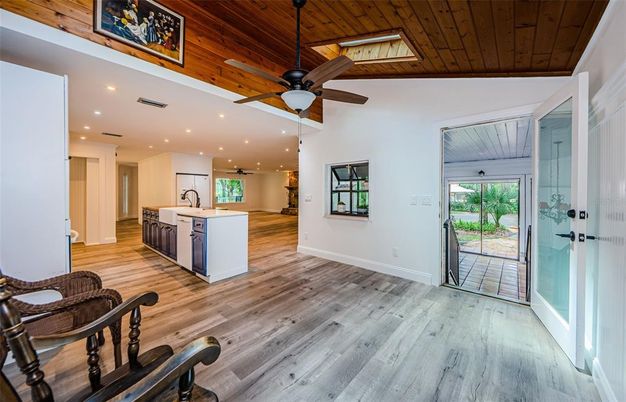 Interior, Kitchen, Recessed Lighting, Wooden Ceilings, Wood Texture Flooring