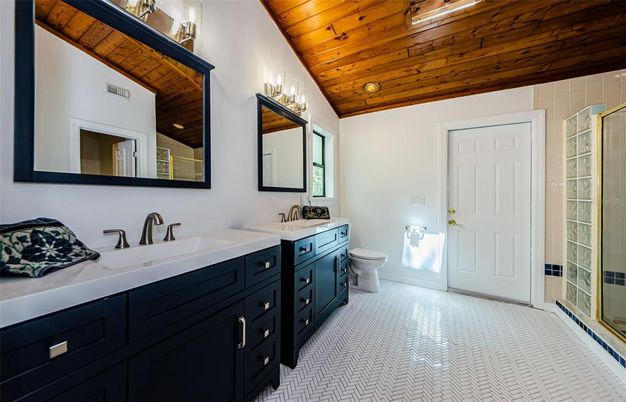 Bathroom, Dual Sink Vanities, Interior, Recessed Lighting, Wooden Ceilings