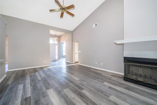 Empty room, Fireplace, Interior, Pendant Lights, Wood Texture Flooring