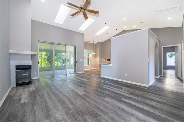Empty room, Fireplace, Interior, Recessed Lighting, Wood Texture Flooring
