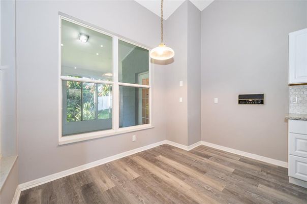 Empty room, Interior, Pendant Lights, Recessed Lighting, Wood Texture Flooring