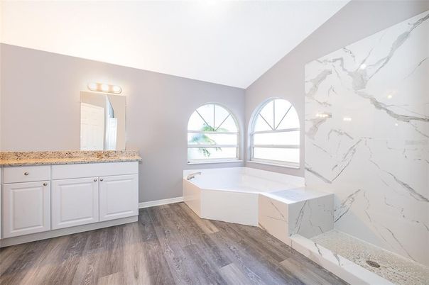 Bathroom, Interior, Marble Walls, Wood Texture Flooring