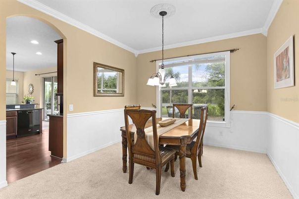 Dining room, Interior, Kitchen, Pendant Lights, Recessed Lighting, Wood Texture Flooring