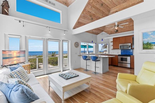 Interior, Kitchen, Living room, Stainless Steel Appliances, Water, Wooden Ceilings, Wood Texture Flooring
