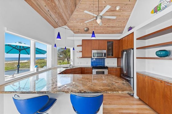 Interior, Kitchen, Pendant Lights, Stainless Steel Appliances, Wooden Ceilings, Wood Texture Flooring