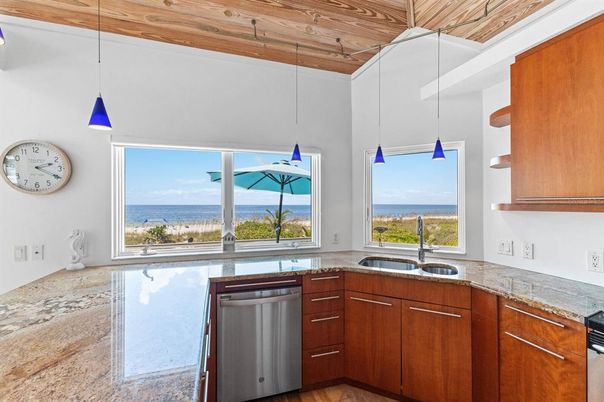 Interior, Kitchen, Pendant Lights, Water, Wooden Ceilings