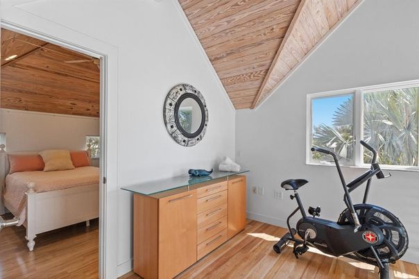 Bedroom, Fitness Equipment, Interior, Wooden Ceilings, Wood Texture Flooring