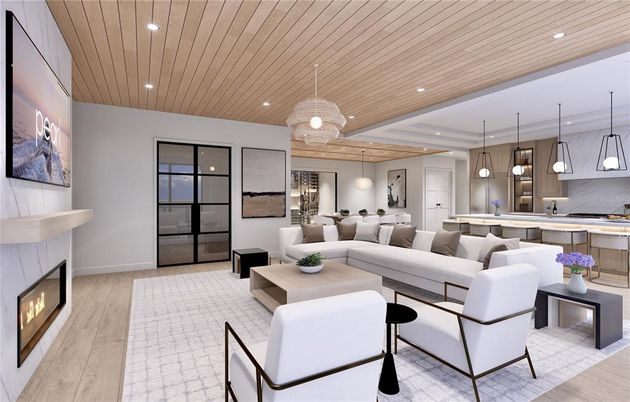Fireplace, Interior, Kitchen, Living room, Pendant Lights, Recessed Lighting, Wooden Ceilings, Wood Texture Flooring