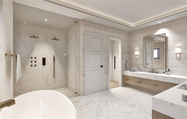 Bathroom, Dual Sink Vanities, Free Standing Baths, Glass Shower, Interior, Marble, Marble Walls, Recessed Lighting, Wood Texture Flooring