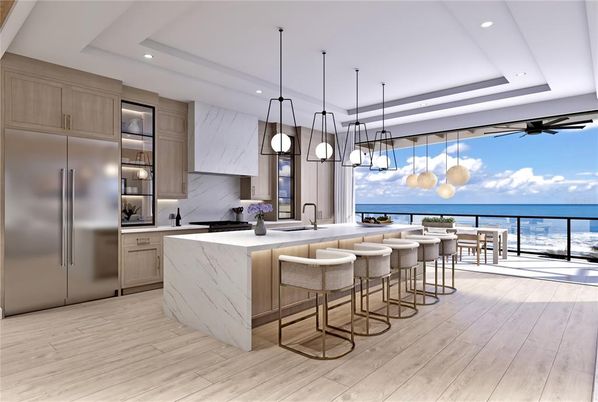 Interior, Kitchen, Marble Walls, Pendant Lights, Recessed Lighting, Stainless Steel Appliances, Water, Wood Texture Flooring