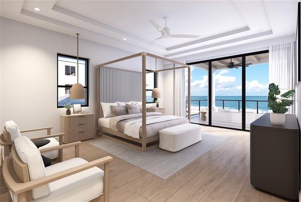 Bedroom, Interior, Pendant Lights, Recessed Lighting, Water, Wood Texture Flooring