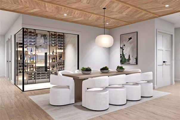 Dining room, Interior, Pendant Lights, Recessed Lighting, Wine Storage, Wooden Ceilings, Wood Texture Flooring