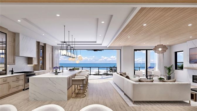 Interior, Kitchen, Living room, Marble Walls, Pendant Lights, Recessed Lighting, Water, Wood Texture Flooring