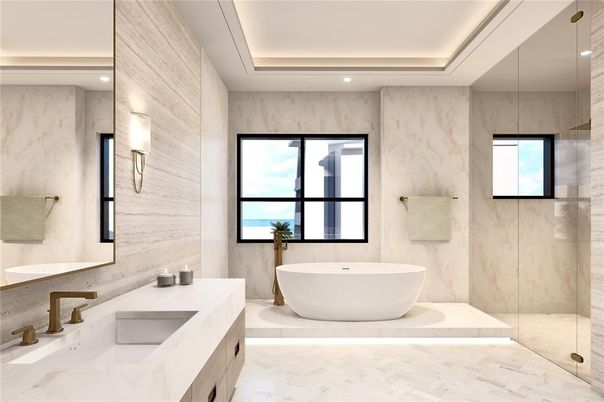 Bathroom, Dual Sink Vanities, Free Standing Baths, Glass Shower, Interior, Marble, Marble Walls, Recessed Lighting