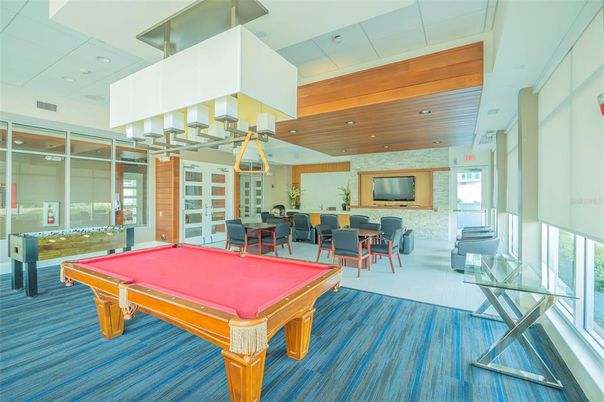 Billiard Table, Dining room, Game Room, Interior, Recessed Lighting, Stone Walls, Wooden Beams