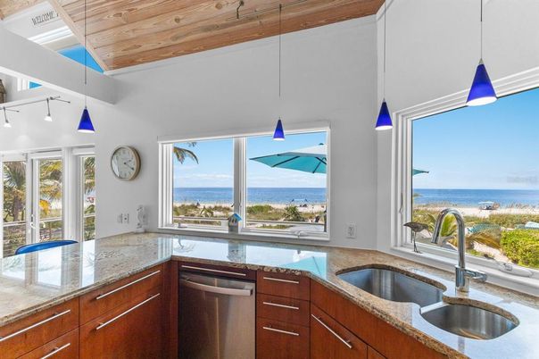 Interior, Kitchen, Pendant Lights, Water, Wooden Ceilings