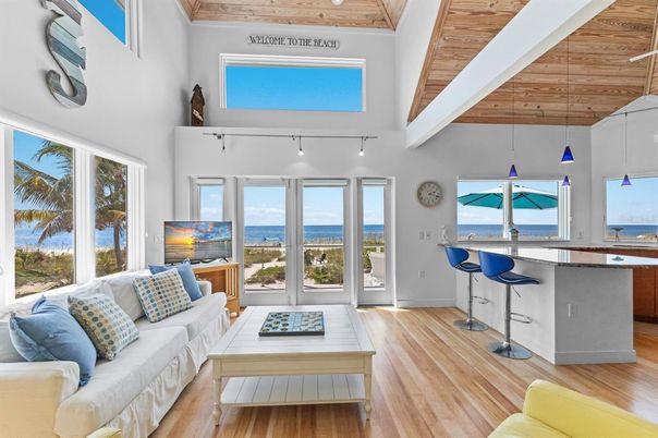 Interior, Living room, Pendant Lights, Water, Wooden Beams, Wooden Ceilings, Wood Texture Flooring