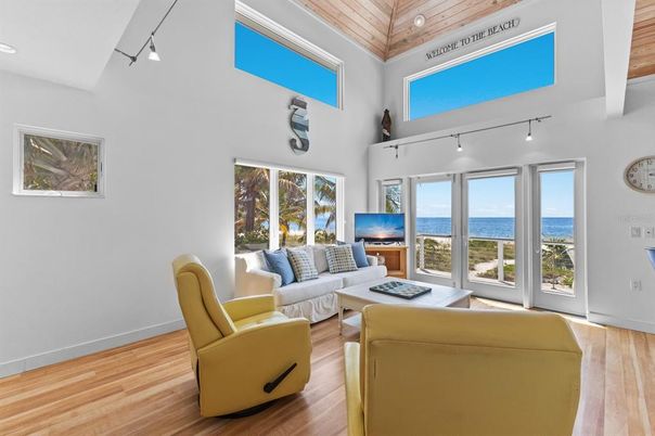 Interior, Living room, Recessed Lighting, Water, Wooden Ceilings, Wood Texture Flooring