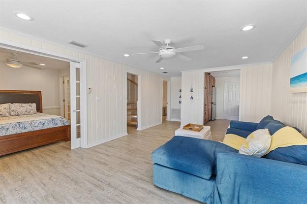 Bedroom, Interior, Recessed Lighting, Wood Texture Flooring
