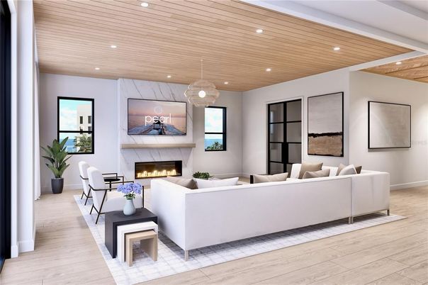 Fireplace, Interior, Living room, Pendant Lights, Recessed Lighting, Wooden Ceilings, Wood Texture Flooring